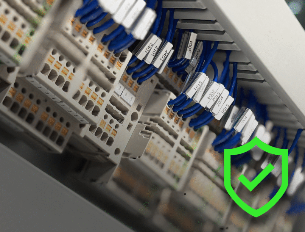 Neatly wired industrial control panel with PLC, relays, and labeled components designed for reliable machine control.